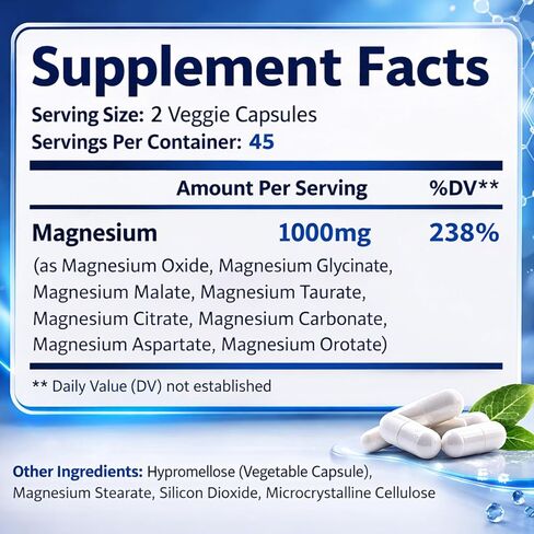 Top Nurex Magnesium Complex Supplement for Women & Men | 1000mg Maximum Absorption | 8 Magnesium Forms Including Glycinate, Citrate, Malate | Supports Relaxation, Sleep, Bone Strength | 90 Capsules in Saudi Arabia