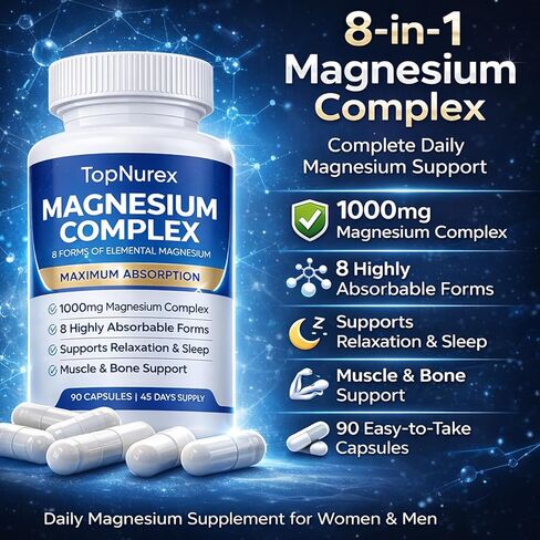 Top Nurex Magnesium Complex Supplement for Women & Men | 1000mg Maximum Absorption | 8 Magnesium Forms Including Glycinate, Citrate, Malate | Supports Relaxation, Sleep, Bone Strength | 90 Capsules in Saudi Arabia