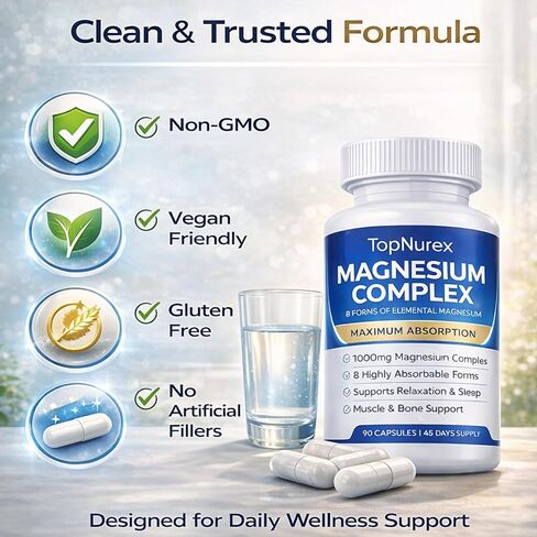 Top Nurex Magnesium Complex Supplement for Women & Men | 1000mg Maximum Absorption | 8 Magnesium Forms Including Glycinate, Citrate, Malate | Supports Relaxation, Sleep, Bone Strength | 90 Capsules in Saudi Arabia