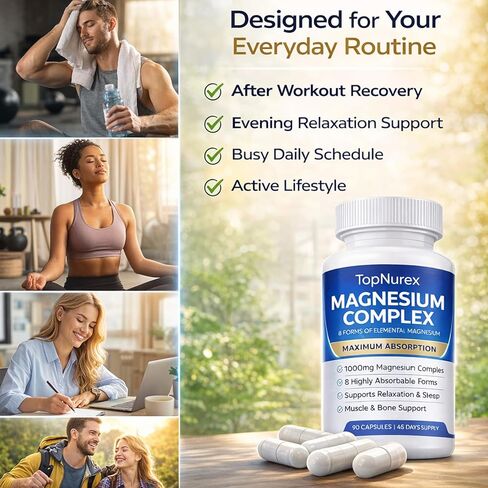 Top Nurex Magnesium Complex Supplement for Women & Men | 1000mg Maximum Absorption | 8 Magnesium Forms Including Glycinate, Citrate, Malate | Supports Relaxation, Sleep, Bone Strength | 90 Capsules in Saudi Arabia