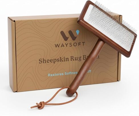 WaySoft Sheepskin Rug Brush with Premium Natural Beech Wood Handle, Restores Softness & Fluff, Gently Removes Dirt, Ideal for Sheepskin Rug Care, Includes Hanging Leather Strap for Easy Storage in Saudi Arabia