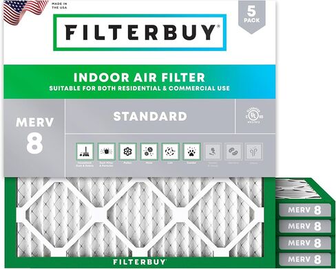 Filterbuy 17.5x17.5x1 فلتر هواء MERV 8 أساسي للدفاع عن الغبار والحساسية (5 عبوات)، استبدال مرشحات فرن HVAC AC المطوية بالكهرباء الساكنة (الحجم الفعلي: 17.50 × 17.50 × 0.75) in Saudi Arabia