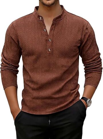 قمصان Henley للرجال بأكمام طويلة وأزرار كاجوال ورقبة على شكل حرف V، وخفيفة الوزن، وقمصان علوية أساسية ناعمة in Kuwait