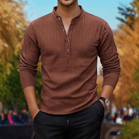 قمصان Henley للرجال بأكمام طويلة وأزرار كاجوال ورقبة على شكل حرف V، وخفيفة الوزن، وقمصان علوية أساسية ناعمة in Kuwait