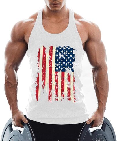 Mens American Flag Tank Top Y-Back Muscle Graphic Gym Workout USA Sleeveless Shirts in Saudi Arabia