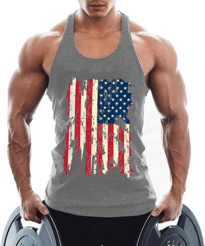 Mens American Flag Tank Top Y-Back Muscle Graphic Gym Workout USA Sleeveless Shirts in Saudi Arabia