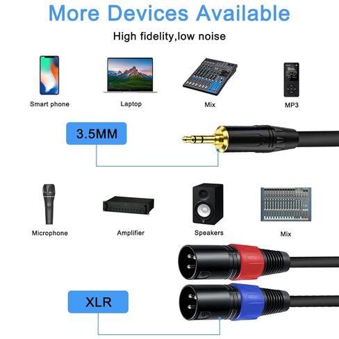 3.3FT-1 حزمة 3.5 ملم TRS إلى 2 كابل XLR، أسود، غير متوازن 1/8 TRS ذكر إلى ثنائي XLR ذكر، كابل تقسيم Y، 3 دبابيس، موصلات نحاسية مطلية ومطلية للهواتف الذكية in Kuwait