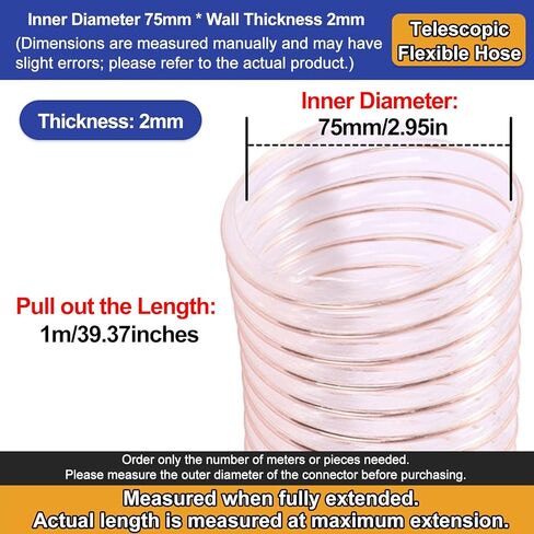 Industrial Air Duct PU Polyurethane Pipe Clear Metal Flexible Ducting Hose 1M All-Season Softness Inner Diameter 75MM Telescopic Tube,Wall Thickness 2mm in Saudi Arabia