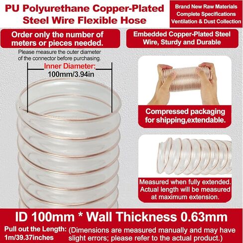PU Polyurethane Pipe Flexible Ducting Wind Hose Length 1M Inner Diameter 100MM Air Duct Durable Suction Or Feeding of Small Particles,Wall Thickness 0.63mm in Saudi Arabia