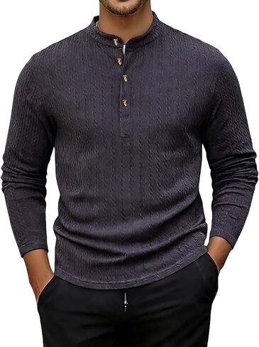 قمصان Henley للرجال بأكمام طويلة وأزرار كاجوال ورقبة على شكل حرف V، وخفيفة الوزن، وقمصان علوية أساسية ناعمة in Kuwait