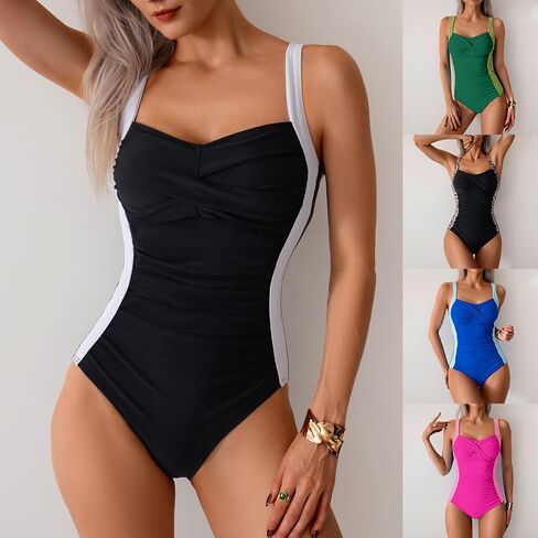 Women's One-Piece Swimwear Slim Fit Color-Block Ruching Athletic Swimsuit for Beach Pool Activities,Black in Saudi Arabia