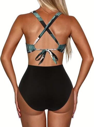 Women's Crisscross One Piece Swimsuits Tummy Control Cutout Monokini Sexy Floral V Neck Bathing Suits for Summer Beach in Saudi Arabia