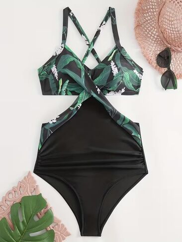 Women's Crisscross One Piece Swimsuits Tummy Control Cutout Monokini Sexy Floral V Neck Bathing Suits for Summer Beach in Saudi Arabia