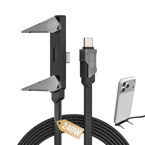 كابل MFish 240 واط USB C إلى USB C، كابل شحن سريع من النوع C مع حامل على شكل حرف T، كابل ألعاب بزاوية يمين 90 درجة لهاتف iPhone 17/16/15، MacBook، الكمبيوتر اللوحي، Galaxy S25/S24، متين مجدول 3.93FT in Kuwait
