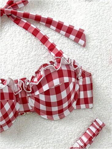 SHENHE Women's Push Up Bikini Set Gingham Ruffle Halter Cheeky Thong Retro 2 Piece Swimsuits in Saudi Arabia
