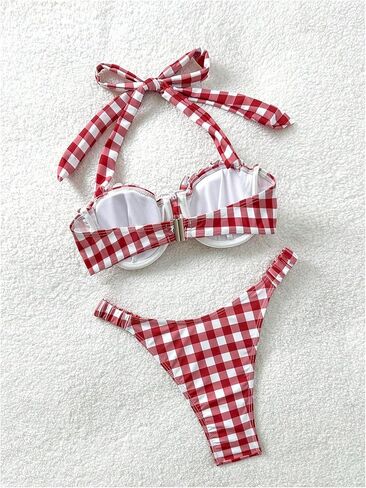 SHENHE Women's Push Up Bikini Set Gingham Ruffle Halter Cheeky Thong Retro 2 Piece Swimsuits in Saudi Arabia