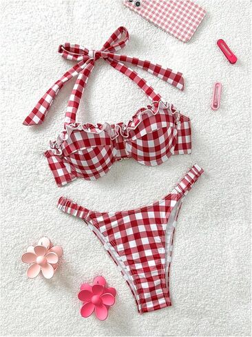 SHENHE Women's Push Up Bikini Set Gingham Ruffle Halter Cheeky Thong Retro 2 Piece Swimsuits in Saudi Arabia
