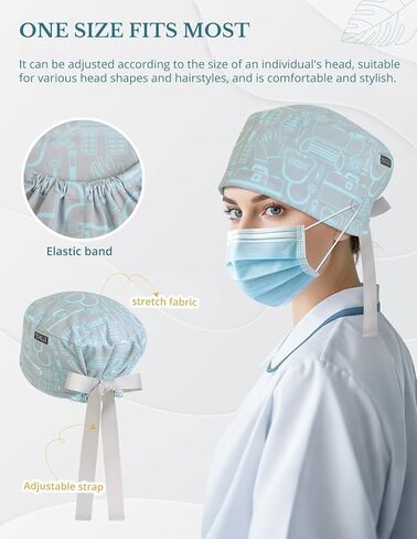 Euro Style Scrub Caps for Women and Men with Buttons, Surgical Tech Pattern Working Hat, Adjustable Polyester Head Cover for Long or Short Hair in Saudi Arabia