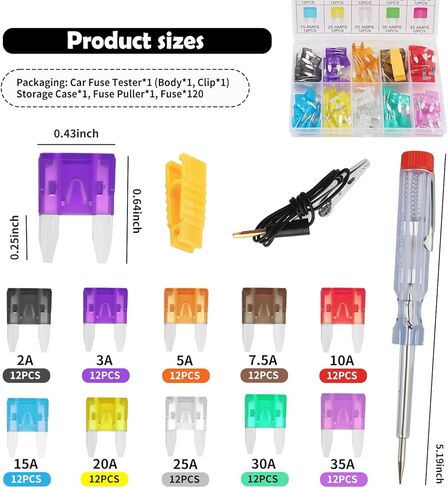 120PCS Car Fuses Assortment Kit with Fuse Tester/Puller,Essential Car Mini Fuse Kit Includes 35A/30A/25A/20A/15A/10A/7.5A/5A/3A/2A,Professional Automotive Fuses Cars Accessories in Saudi Arabia