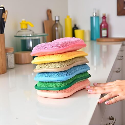 Multipurpose Kitchen Scrub Sponges, Heavy Duty Cleaning Non-Scratch Scrub Sponge, Reusable Microfiber Sponge for Household Cleaning, Six Color Packaging (6pcs) in Saudi Arabia