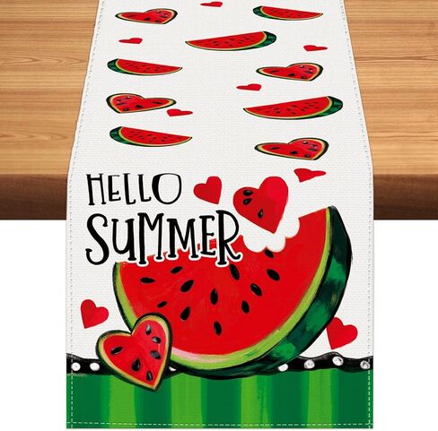 Hello Summer Watermelon Table Runner Spring Stripe Burlap Table Runners, Cute Red Hearts Fruit Seasonal Coffee Table Center Decor for Home Kitchen Dining Party Indoor Outdoor 13x72 Inch in Saudi Arabia