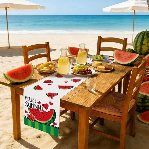 Hello Summer Watermelon Table Runner Spring Stripe Burlap Table Runners, Cute Red Hearts Fruit Seasonal Coffee Table Center Decor for Home Kitchen Dining Party Indoor Outdoor 13x72 Inch in Saudi Arabia