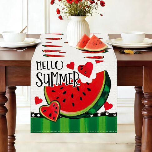 Hello Summer Watermelon Table Runner Spring Stripe Burlap Table Runners, Cute Red Hearts Fruit Seasonal Coffee Table Center Decor for Home Kitchen Dining Party Indoor Outdoor 13x72 Inch in Saudi Arabia