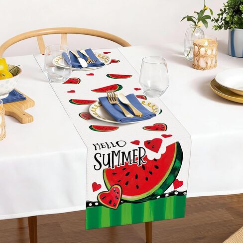 Hello Summer Watermelon Table Runner Spring Stripe Burlap Table Runners, Cute Red Hearts Fruit Seasonal Coffee Table Center Decor for Home Kitchen Dining Party Indoor Outdoor 13x72 Inch in Saudi Arabia