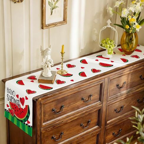 Hello Summer Watermelon Table Runner Spring Stripe Burlap Table Runners, Cute Red Hearts Fruit Seasonal Coffee Table Center Decor for Home Kitchen Dining Party Indoor Outdoor 13x72 Inch in Saudi Arabia