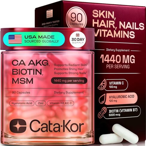 Hair Skin and Nails Supplement with Ca AKG | MSM | Hyaluronic Acid | Biotin | Vitamin C & Vitamin D3 K2 – Supports Radiant Skin, Promotes Shiny Hair & Strong Nails – 90 Capsules (1 Pack) in Saudi Arabia