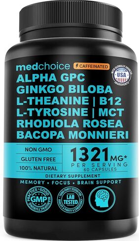 12-in-1 Nootropic Brain Supplement with Caffeine Anhydrous: Ginkgo Biloba for Brain Support, Memory and Focus - B12, Alpha GPC, L Theanine and Choline Supplements with Bioperine with 1321mg (60ct) in Saudi Arabia