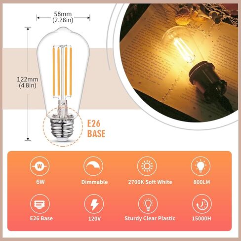 10 - حزمة من لمبات إضاءة إديسون LED مقاومة للكسر بقدرة 60 وات مكافئة، لمبات إضاءة عتيقة ST58 قابلة للتعتيم، قاعدة متوسطة E26، 6 وات، 800 لومن، 2700 كلفن، 80+ CRI، لمبة LED ذات خيوط زخرفية عتيقة. in Kuwait
