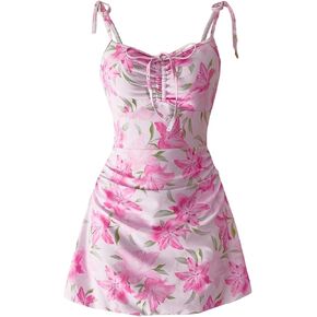 Verdusa Women's Floral Tie Shoulder Ruched One Piece Swimsuits Drawstring Tie Knot Swim Dress in Kuwait