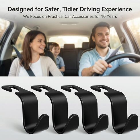 Car Seat Headrest Hooks, 4-Pack Black ABS Plastic Storage Organizer, Universal Headrest Mount Hangers for Purses, Coats, Umbrellas, Grocery Bags, Modern Style, 13 lbs Capacity in Saudi Arabia