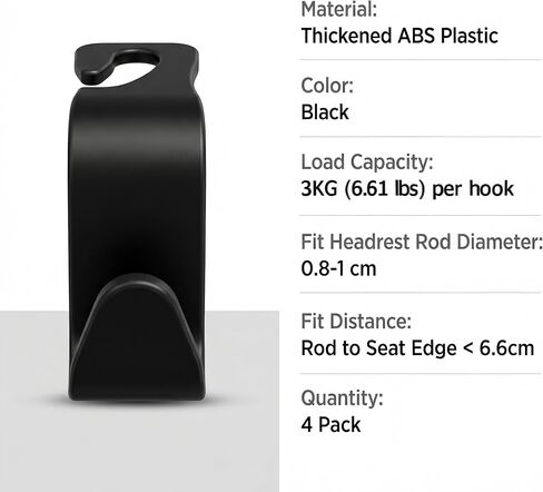 Car Seat Headrest Hooks, 4-Pack Black ABS Plastic Storage Organizer, Universal Headrest Mount Hangers for Purses, Coats, Umbrellas, Grocery Bags, Modern Style, 13 lbs Capacity in Saudi Arabia