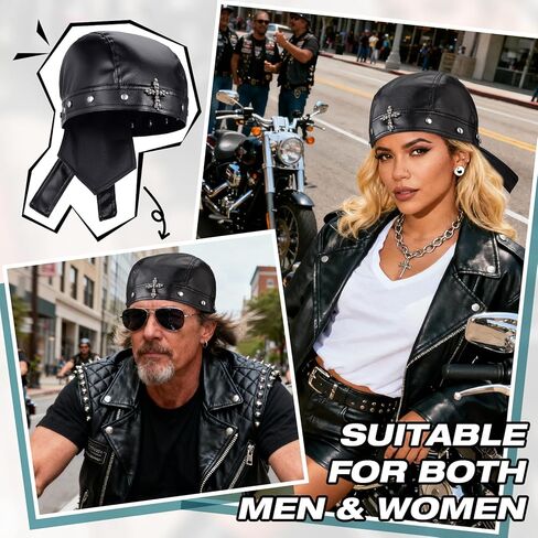 PU Leather Skull Biker Bandana with Metal Studs, Black Unisex Skull Motorcycle Rides Cap for Halloween, Gothic Head Wrap, Skeleton Print Biker Hat for Parties & Fashion Events, Fits 18.11-22.83 in in Saudi Arabia