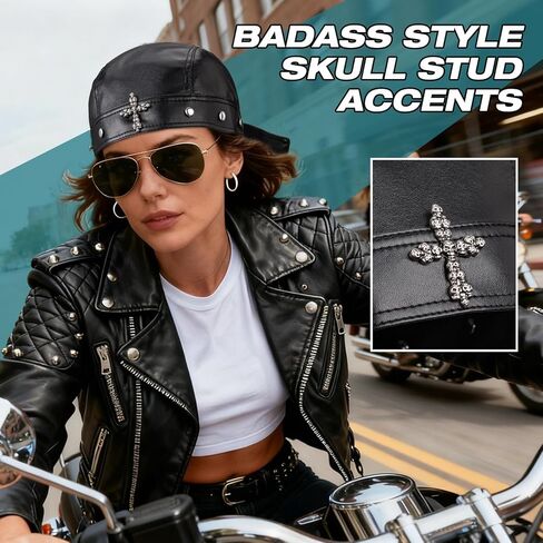 PU Leather Skull Biker Bandana with Metal Studs, Black Unisex Skull Motorcycle Rides Cap for Halloween, Gothic Head Wrap, Skeleton Print Biker Hat for Parties & Fashion Events, Fits 18.11-22.83 in in Saudi Arabia