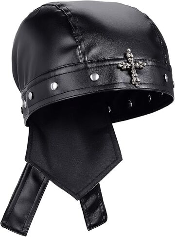 PU Leather Skull Biker Bandana with Metal Studs, Black Unisex Skull Motorcycle Rides Cap for Halloween, Gothic Head Wrap, Skeleton Print Biker Hat for Parties & Fashion Events, Fits 18.11-22.83 in in Saudi Arabia