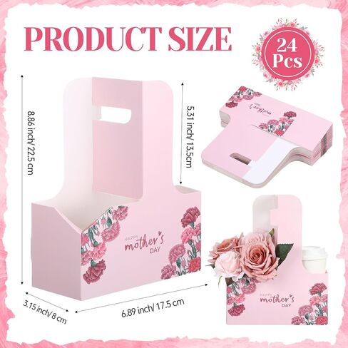 24 Pcs Mother's Day 2 Cup Drink Carrier with Handle, Disposable Cardboard Coffee Cup Holder, Foldable Beverage Tray for Mother's Day Supplies, Hot/Cold Drinks, Coffee in Saudi Arabia