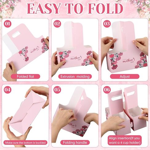 24 Pcs Mother's Day 2 Cup Drink Carrier with Handle, Disposable Cardboard Coffee Cup Holder, Foldable Beverage Tray for Mother's Day Supplies, Hot/Cold Drinks, Coffee in Saudi Arabia