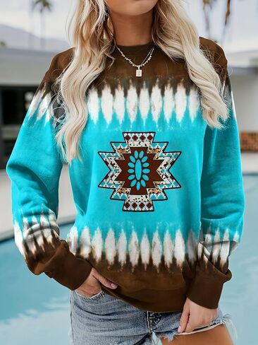 Womens Floral Printed Sweatshirts Casual Long Sleeve Crew Neck Vintage Graphic Pullover Tops in Saudi Arabia