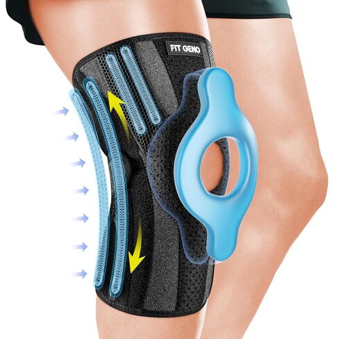 دعامة الركبة Fit Geno KneeXpert مع مثبتات جانبية ووسادة جل الرضفة - دعم ضغط قابل للتعديل لتخفيف الألم، الغضروف المفصلي، الرباط الصليبي الأمامي، التهاب المفاصل، الجري - M/L in Kuwait