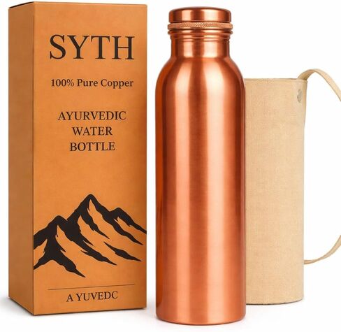 SYTH 100% Pure Copper Water Bottle With carrying Canvas Bag|Lab-Tested|34 OZ Leakproof, Handcrafted Ayurvedic Copper Vessel for Health, Pure copper water bottle for drinking (Copper Bottle With bag) in Kuwait