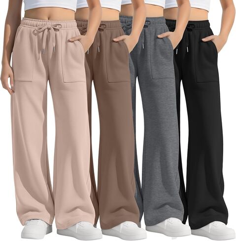 4 Pack Girls' Straight Leg Sweatpants, Kids Drawstring Casual Joggers Teen Loose Open Bottom Pants with Pockets in Saudi Arabia