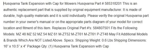 بديل لـ Husqvarna أصلي 585318201 خزان التمدد الهيدروليكي P-ZT MZ M-ZT 48 "54" 61" OEM in Kuwait