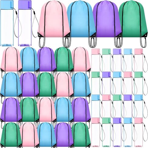 Honeydak 24 Pcs 17 oz Plastic Water Bottles Bulk and Drawstring Backpack Set Reusable Flip Top Leakproof Water Bottles with Handle for Adults Sports Gym Travel Party Outdoor End of Year Gifts in Saudi Arabia