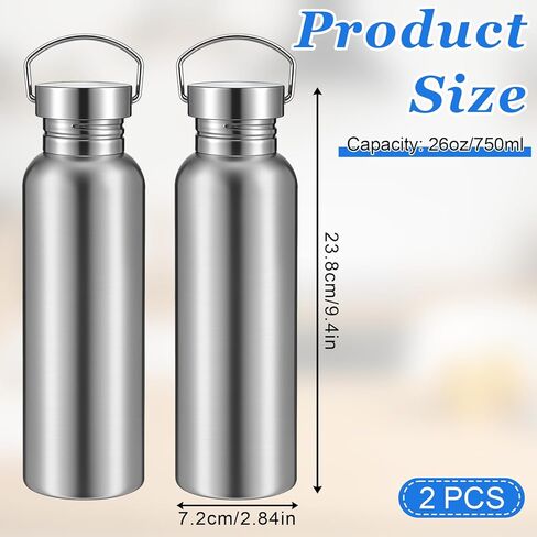 عبوتان من زجاجات المياه الرياضية المصنوعة من الفولاذ المقاوم للصدأ، 26oz 18/8 زجاجة مياه من الفولاذ المقاوم للصدأ غير معزولة بجدار واحد زجاجة مياه معدنية لراكبي الدراجات والعدائين والمتنزهين، فضي in Saudi Arabia