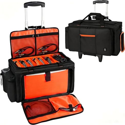 Large Rolling DJ Bag with Wheels, Gig bag Built-in Sturdy Support Board, DJ cable bag with Detachable Divider & Padded Shoulder Strap (Orange, 19.7''×10.2''×11'') in Saudi Arabia