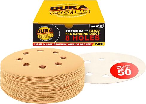 Dura-Gold Premium - Variety Pack - 5" Gold Sanding Discs - 8-Hole Dustless Hook and Loop - 10 Each of Grit (60, 80, 120, 220, 320) - Box of 50 Sandpaper Finishing Discs for Woodworking or Automotive in Saudi Arabia
