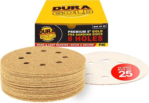 Dura-Gold Premium - حزمة متنوعة - أقراص سنفرة ذهبية مقاس 5 بوصات - خطاف وحلقة خالية من الغبار ذات 8 فتحات - 10 كل حبيبة (60، 80، 120، 220، 320) - صندوق مكون من 50 قرصًا نهائيًا من ورق الصنفرة لأعمال النجارة أو السيارات in Saudi Arabia